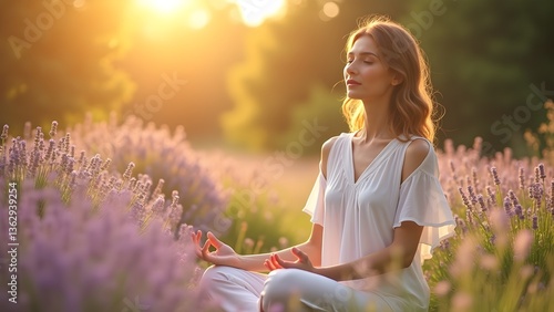 Woman meditates in lavender field at sunset, finding peace and wellness through mindfulness and nature