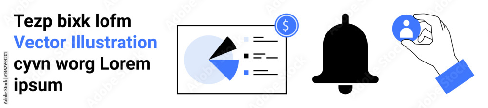 Pie chart with data visualization dashboard, notification bell icon, and user profile hand gesture. Ideal for finance, analytics, teamwork, notifications, marketing, apps and simple landing page Pie chart with data visualization dashboard, notification bell icon, and user profile hand gesture. Ideal for finance, analytics, teamwork, notifications, marketing, apps and simple landing page