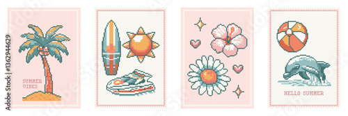 Summer and beach vintage poster or card set style of pixel art. Modern abstract prints dolphin, palm tree, sun, surfboard, hibiscus. Vector illustration.