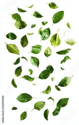 A Collection of Various Green Leaves Falling Gracefully Against a White Background, Showcasing the Beauty of Nature's Foliage in an Artistic Arrangement