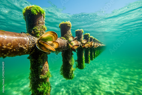 Mussels attached to underwater structure in clear turquoise water. Lush algae and vibrant marine life create serene setting. Concept shellfish farming, aquaculture, marine ecosystem