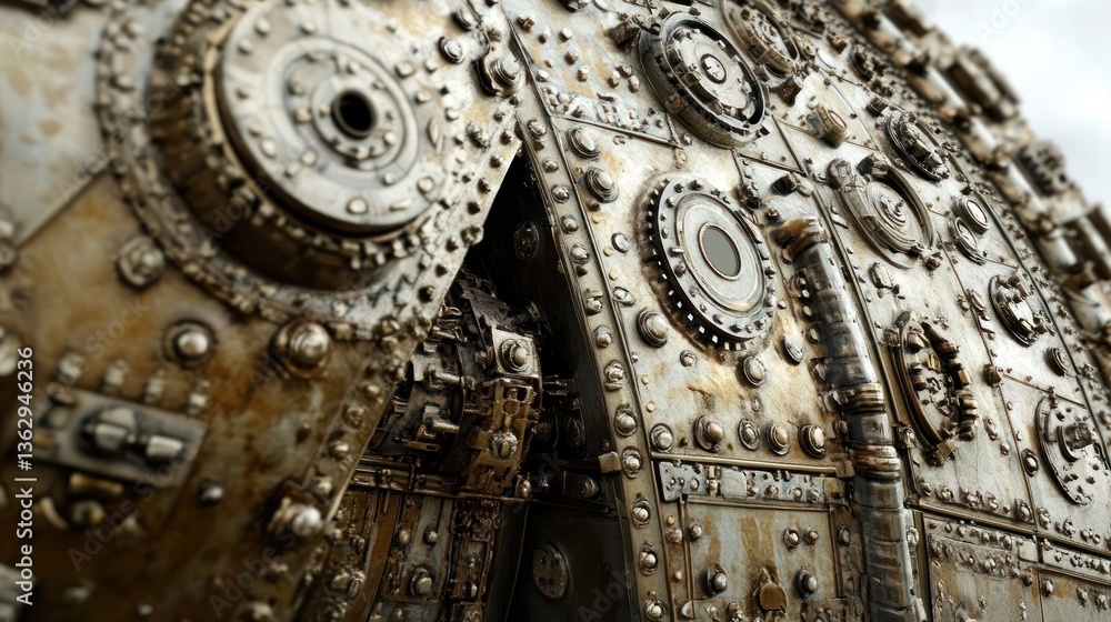 Fototapeta premium Close-up of rusty metallic industrial machinery with circular components and rivets.