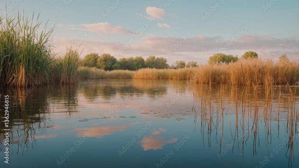 Tranquil waters reflect clouds and reeds in a serene natural landscape. Tranquil waters reflect clouds and reeds in a serene natural landscape.