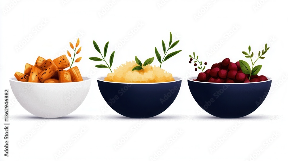 Three bowls with different colorful food items arranged neatly. Three bowls with different colorful food items arranged neatly.