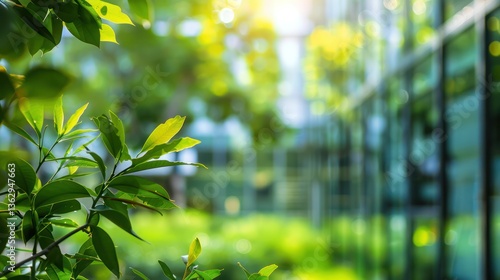 Blurred outdoor building office garden green sustainability backgrounds bush leaf leaves environment nature wild forest city portrait headshot bokeh sunlight perspective.