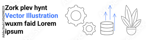 Gears and database emphasizing growth dynamics with upward arrows and a plant. Ideal for technology, data analytics, growth, development, productivity, innovation. Versatile flat landing page banner