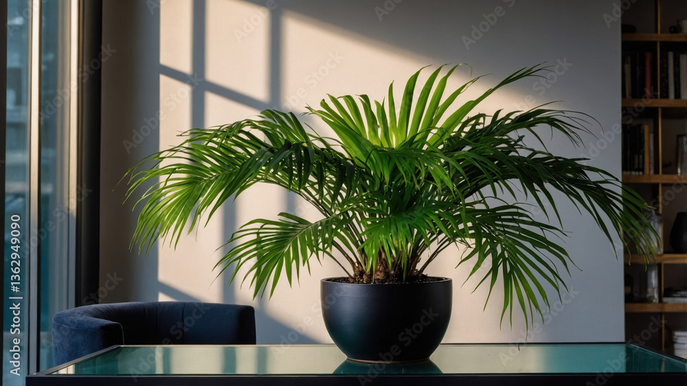 Fototapeta premium Vibrant Green Areca Palm in Modern Interior Design Setting