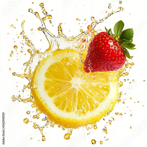 lemon slice and strawberry in water splash