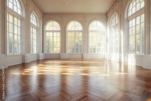 Bright Lit  Arched Window Hallway with Wooden Parquet Flooring and Creamy Walls