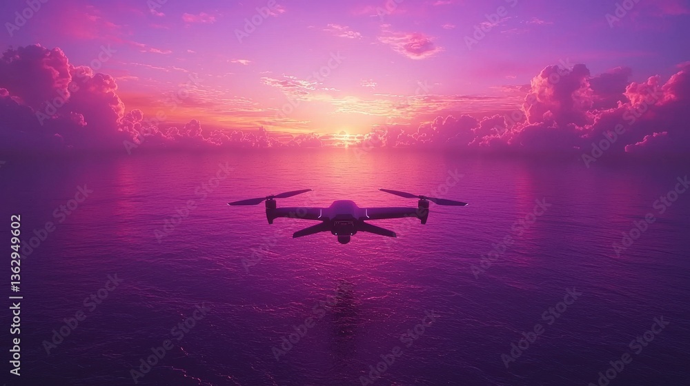 Aerial View of Drone Flight Over Ocean at Sunset with Vibrant Colors and Reflective Water Surface Aerial View of Drone Flight Over Ocean at Sunset with Vibrant Colors and Reflective Water Surface