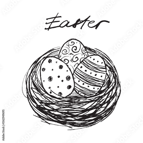 Decorated Easter eggs in nest drawing in black brush stroke texture isolated on white background. Hand drawn vector sketch illustration in vintage charcoal ink. Greeting card design, holiday symbol.