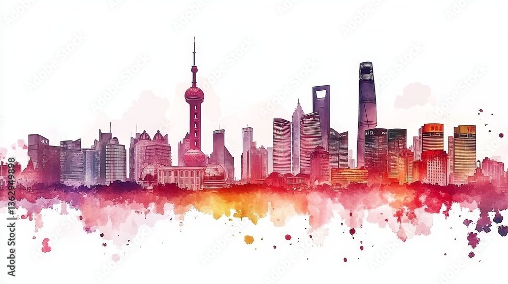 Fototapeta premium Watercolor Shanghai Skyline - A vibrant watercolor painting of Shanghai's iconic skyline, symbolizing modernity, culture, progress, globalization, and beauty
