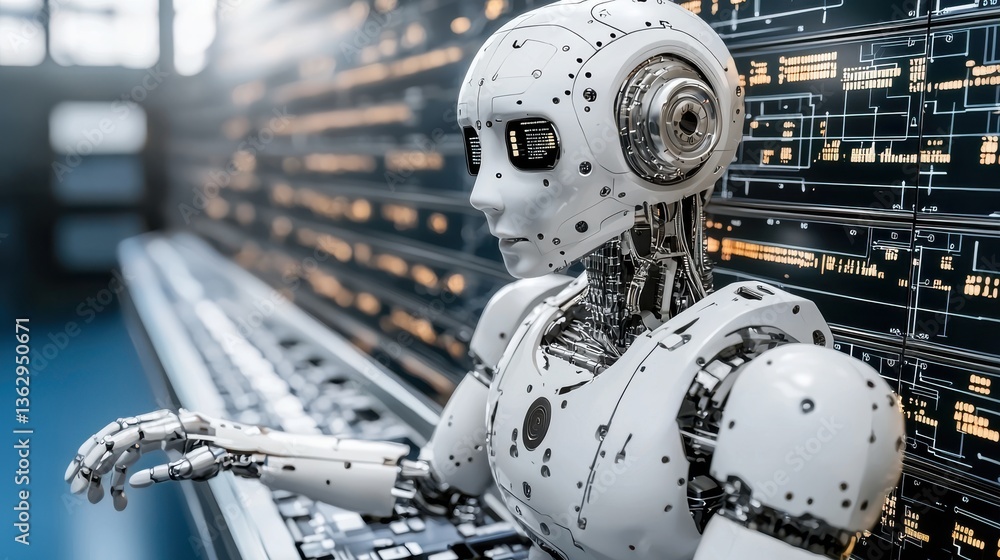 Fototapeta premium Exploring Artificial Intelligence: A Robot Reflecting Adaptability and Language Processing in Modern Technology