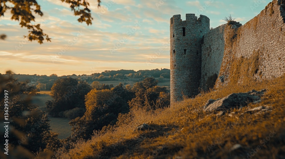 A serene landscape featuring an ancient castle tower amidst rolling hills. The golden hour casts a warm glow over the historic architecture and lush greenery. Generative AI A serene landscape featuring an ancient castle tower amidst rolling hills. The golden hour casts a warm glow over the historic architecture and lush greenery. Generative AI