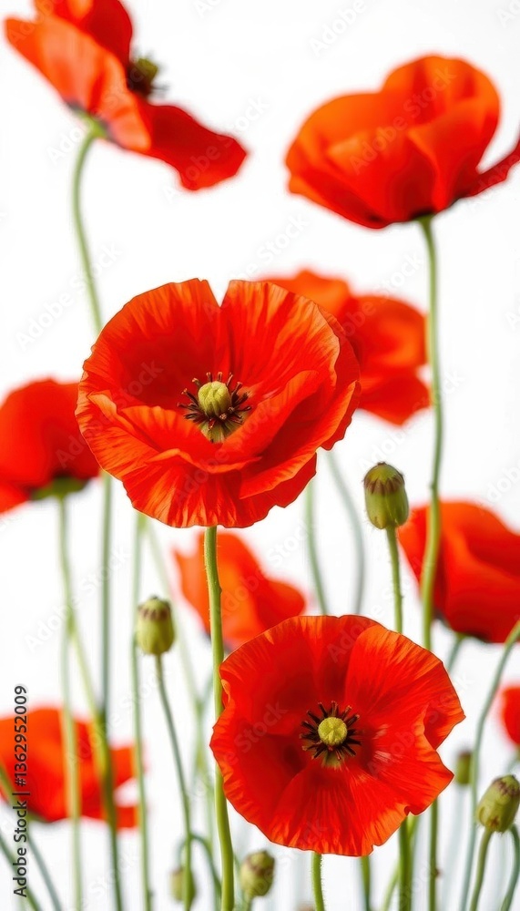 Fototapeta premium Close-up of vibrant red poppies against a pure white background, poppy flower, floral background, spring flowers