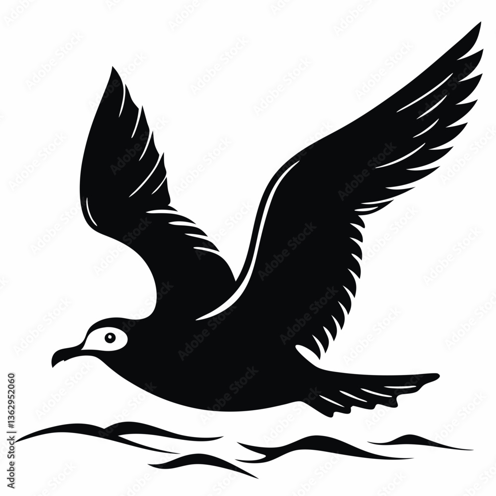 Obraz premium Seagull flying over ocean waves in black silhouette