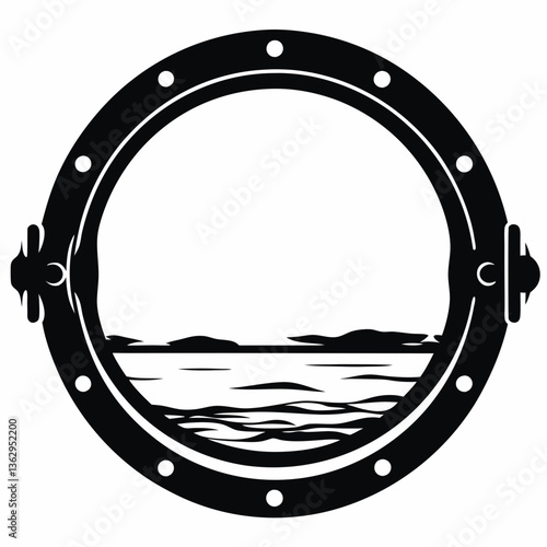Porthole view with sea horizon in circular frame