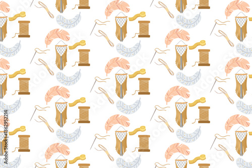 Minimalist seamless pattern with macrame wall hangings, sewing tools, and artistic yarn decor. Ideal for textile design, wallpaper, and craft projects.