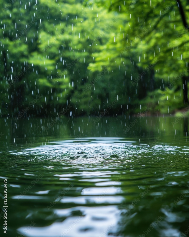 Fototapeta premium Serene lake reflecting lush green forest in heavy rain creating ripples and drops in a tranquil scene