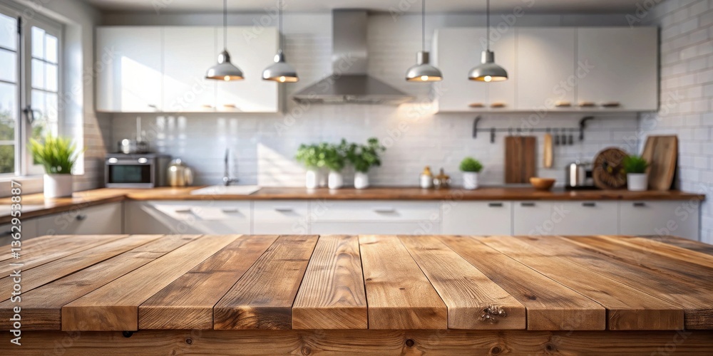 Rustic Wooden Tabletop in Front of a Bright, Modern Kitchen Rustic Wooden Tabletop in Front of a Bright, Modern Kitchen