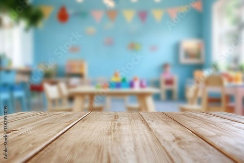 Rustic Wooden Table in Blurred Interior, Kids Room Furniture, Desk Surface, Wood Grain