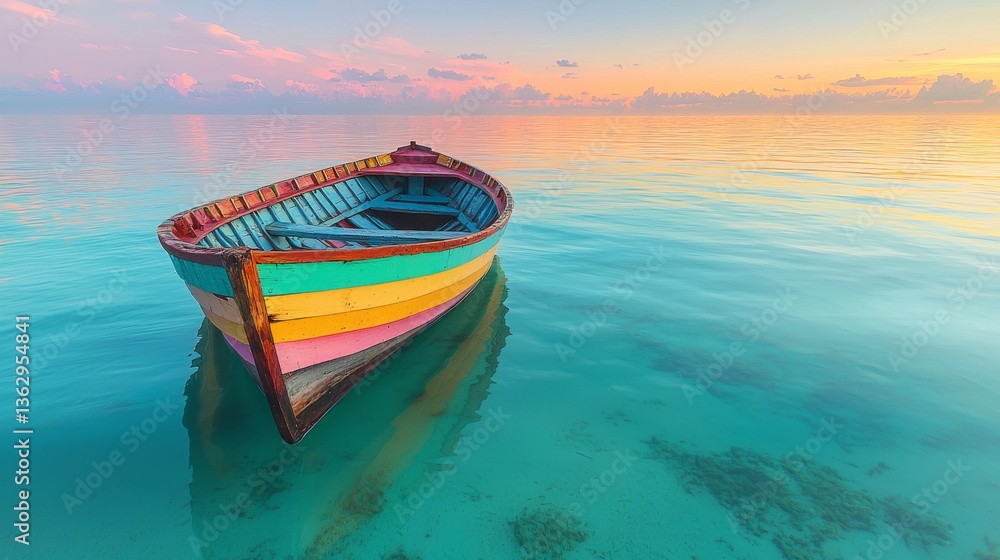 Fototapeta premium Vivid striped rowboat floating peacefully on turquoise sea at sunset
