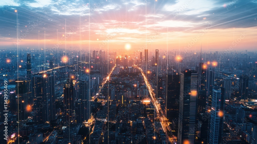 Fototapeta premium Cityscape showing data transfer above a busy urban environment at dusk