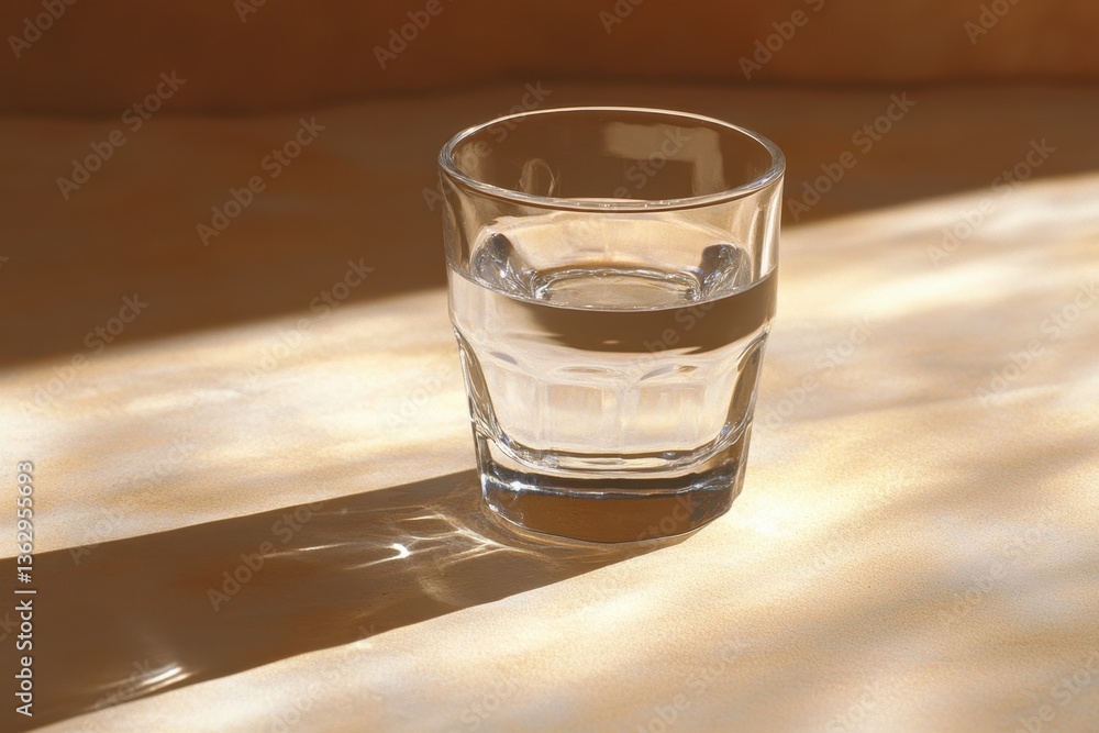 Refreshing glass of water on a sunlit surface casting a shadow in a simple and clean composition perfect for health and wellness themes Refreshing glass of water on a sunlit surface casting a shadow in a simple and clean composition perfect for health and wellness themes