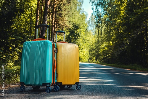 Two Colorful Hard Shell Suitcases Standing on a Rural Road with a Forest Backdrop