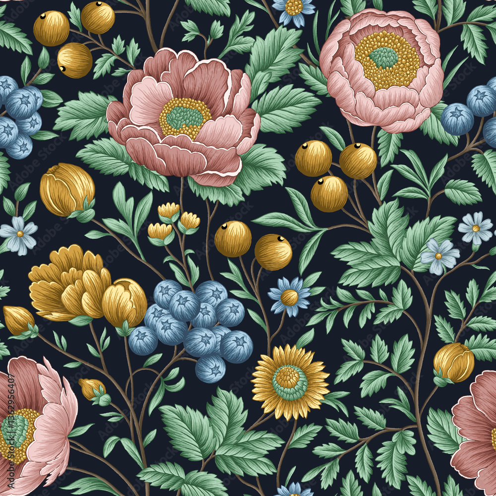 seamless pattern with flowers and leaves