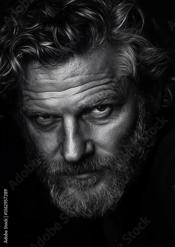 Intense portrait of a bearded man studio black and white dramatic lighting close-up emotions captured