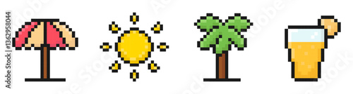 summer pixel set of icons, vintage, 8 bit, 80s, 90s games, computer arcade game items, beach umbrella, sun, palm tree, juice glass, vector illustration