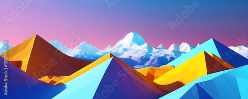 Low-Poly 3D Digital Render. Vibrant Colorful Low Poly Landscape for Backgrounds, Backdrops, Wallpaper, Design	