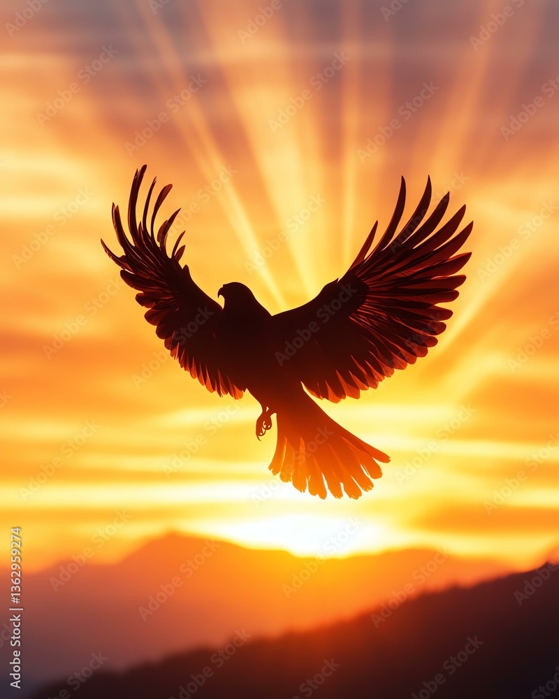 Obraz premium A majestic bird in flight against a stunning sunset, showcasing its wingspan and the natural beauty of wildlife.