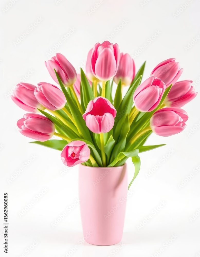 Fototapeta premium Pink tulips in a pink vase against a bright white background, photography, simple, vibrant