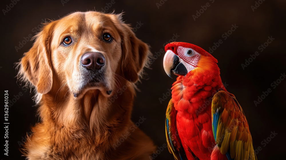 Obraz premium golden retriever and colorful parrot sit together, showcasing their unique friendship