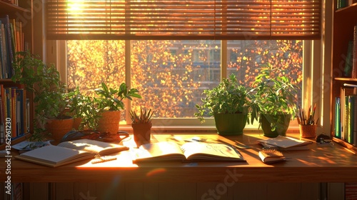 Cozy study corner with plants and books bathed in golden sunlight streaming