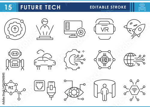 A set of line icons related to Future Technology. Tech, future, robot, AI, Virtual reality, hologram, flying car, and so on. Vector editable stroke.