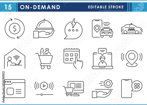 A set of line icons related to On-Demand. Stream, delivery, taxi service, digital content, subscription, and so on. Vector editable stroke.