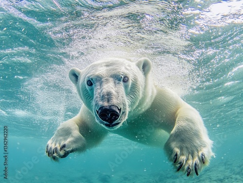 Captivating polar bear swimming underwater in turquoise water with sunlight creating a stunning scene
