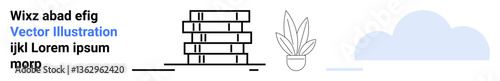 Stack of books neatly arranged beside a leafy potted plant, complemented by a soft cloud. Ideal for education, learning, minimalism, nature, knowledge, organization, calm workspace flat landing page