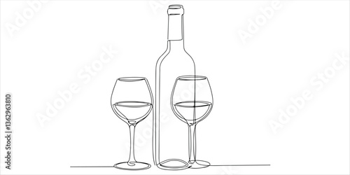 A vector illustration of a wine bottle and glass, drawn using a single continuous line for a sleek and minimalist design.