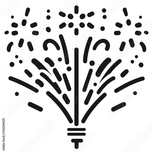 The image features a bold, minimalist illustration of fireworks bursting in the air. The design showcases various lines and shapes that represent the explosive and celebratory nature of fireworks, wit