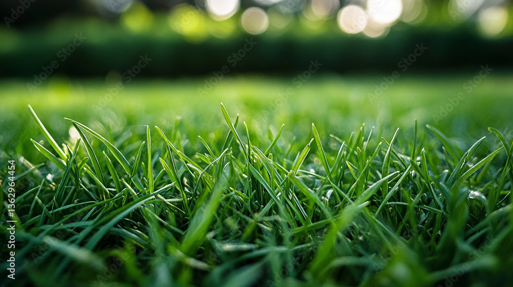 Naklejka premium A close up shot of green grass blades with blurred background in the bright outdoor sunlight.