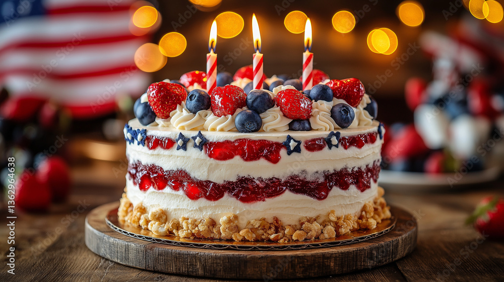 A patriotic cake decorated with red, white, and blue, with candles lit for Memorial Day celebrations. AI Generated Images A patriotic cake decorated with red, white, and blue, with candles lit for Memorial Day celebrations. AI Generated Images