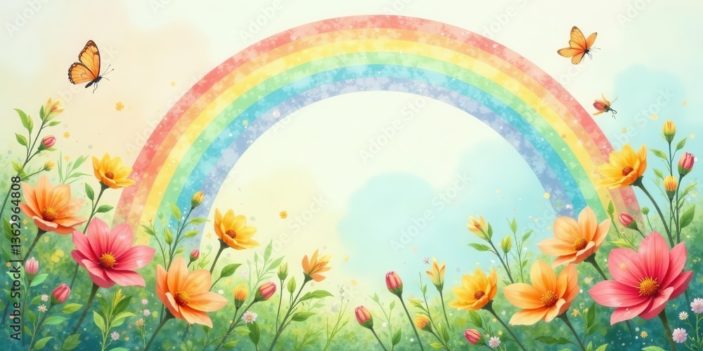 Fototapeta premium Vibrant Floral Meadow Scene with a Colorful Rainbow Arch and Delicate Butterflies Soaring Overhead