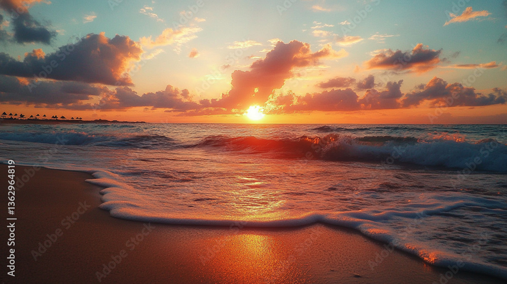 Fototapeta premium He captures a stunning sunset on the beach, with waves gently touching the shore.