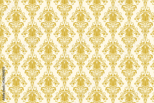Luxurious golden yellow damask pattern with intricate baroque details. A perfect choice for wallpapers, textiles, and classic decorative elements.