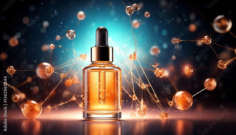 A glowing dropper bottle surrounded by floating molecules, highlighting its beauty and scientific essence. A glowing dropper bottle surrounded by floating molecules, highlighting its beauty and scientific essence.