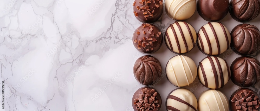 Assorted chocolates and truffles on a dark textured background. Flat lay composition with copy space. Top down aerial view of chocolate ball or chocolate with vibrant color background. Sweet. AIG55. Assorted chocolates and truffles on a dark textured background. Flat lay composition with copy space. Top down aerial view of chocolate ball or chocolate with vibrant color background. Sweet. AIG55.